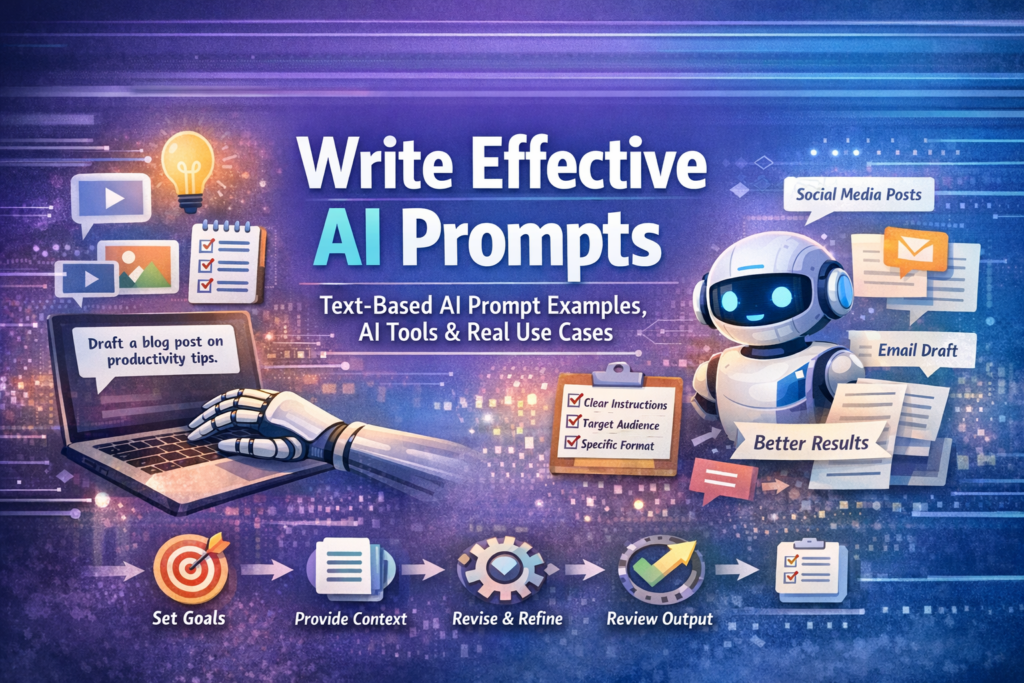 Wide infographic showing ai prompting examples and a process for writing effective AI prompts, with a robot, prompt bubbles, and checklist for clear instructions, target audience, and better results.
