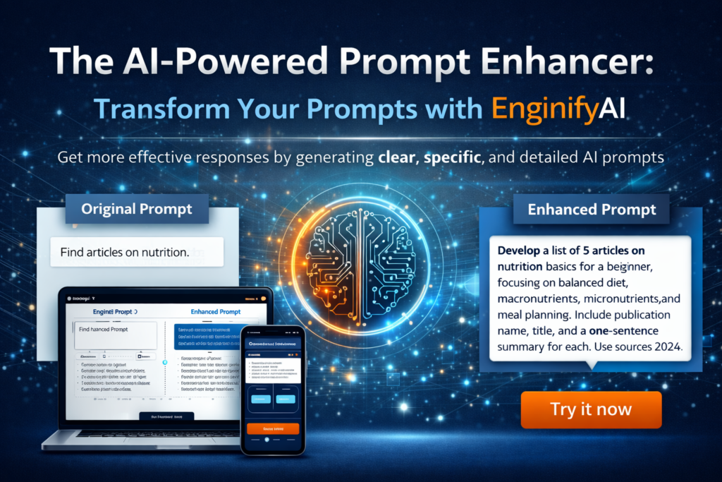 EnginifyAI AI Prompt Enhancer wide banner showing a before-and-after prompt example and a call to action to improve prompt clarity and results.